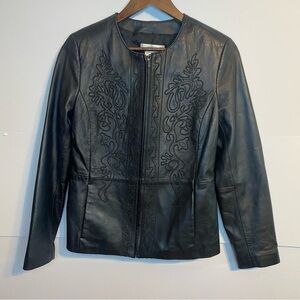 Coldwater Creek Black Leather Embroidered Women's Zip-up Jacket